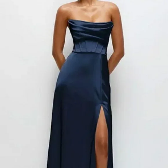 After Six Midnight Navy Blue Satin Convertable Gown 6898